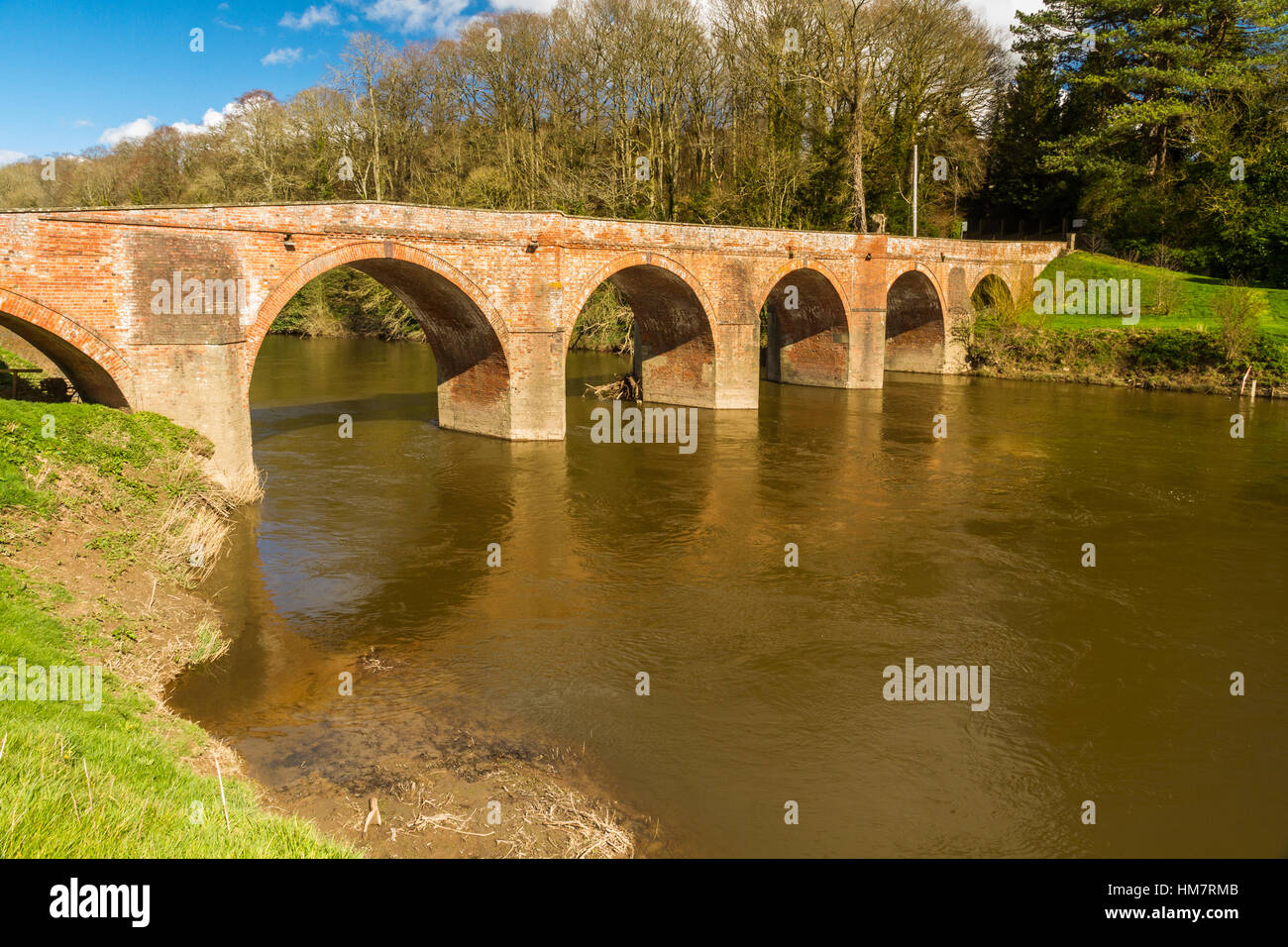 River Wye with Bredwardine bridge crossing it. Arched bridge Stock