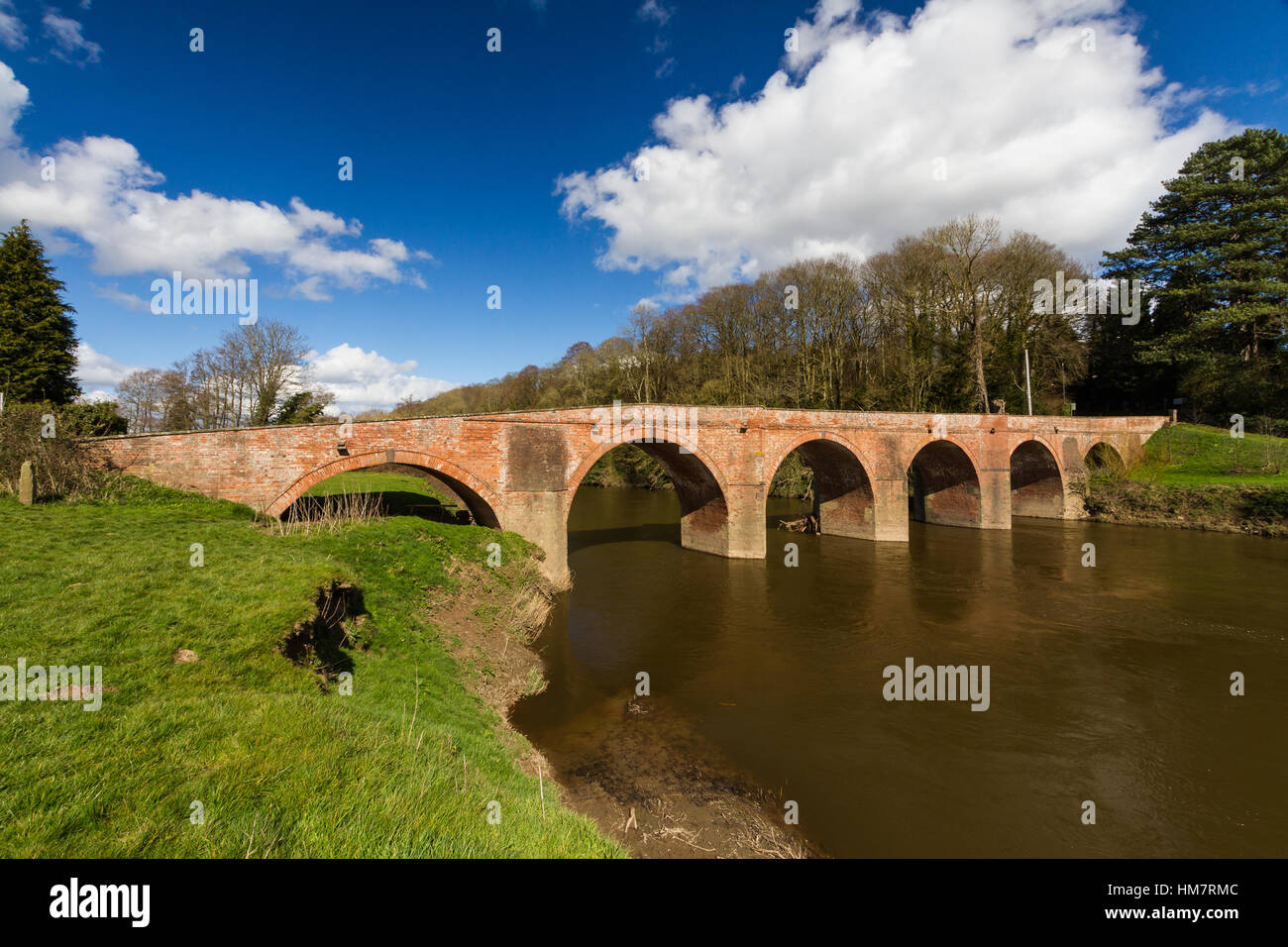 River Wye with Bredwardine bridge crossing it. Arched bridge. Stock Photo