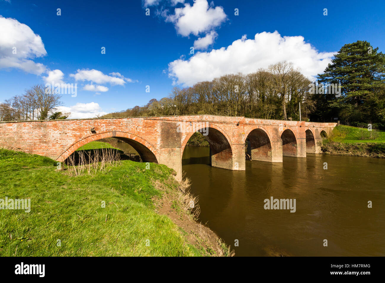 River Wye with Bredwardine bridge crossing it. Arched bridge. Stock Photo