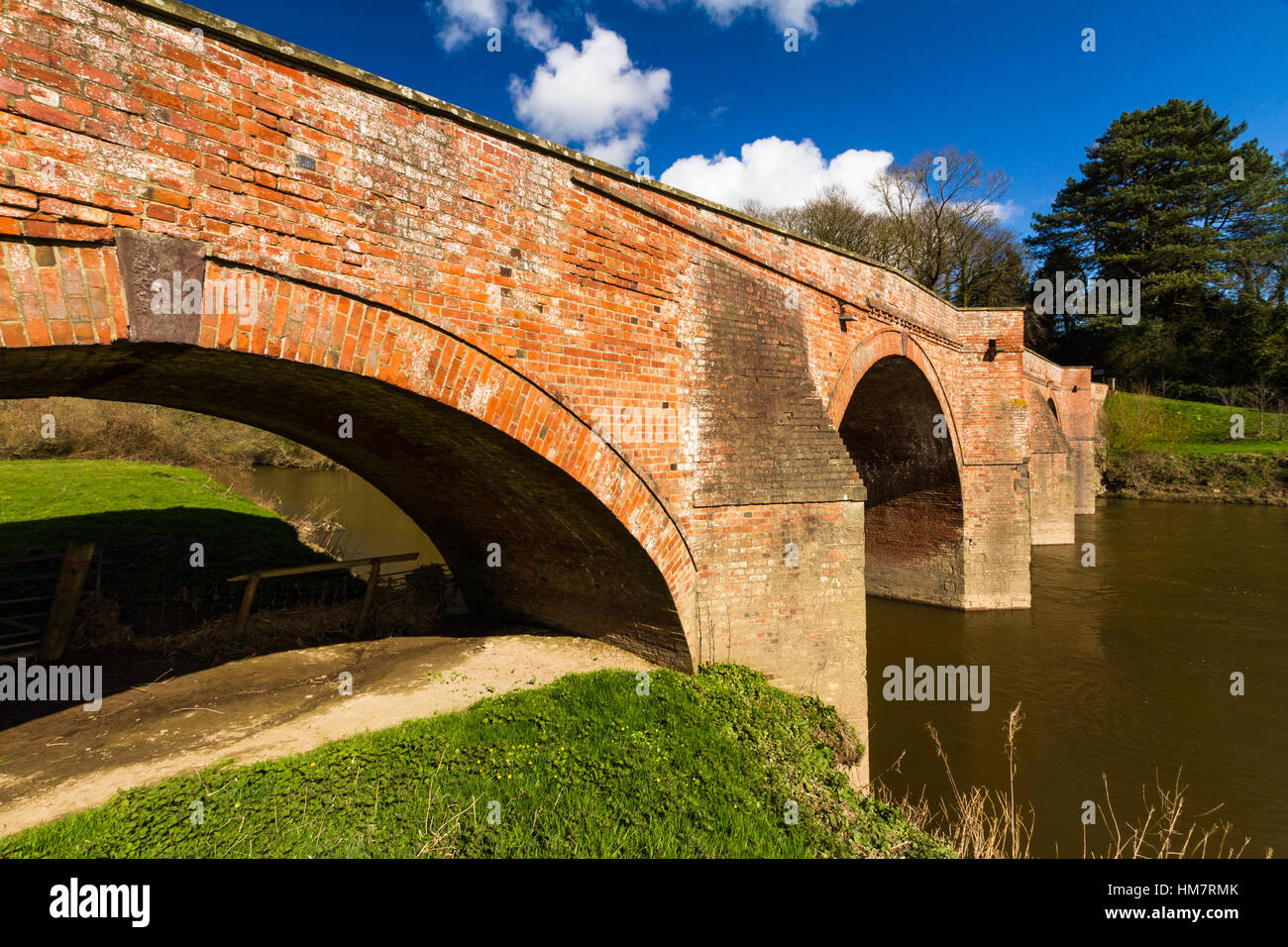 River Wye with Bredwardine bridge crossing it. Arched bridge. Stock Photo