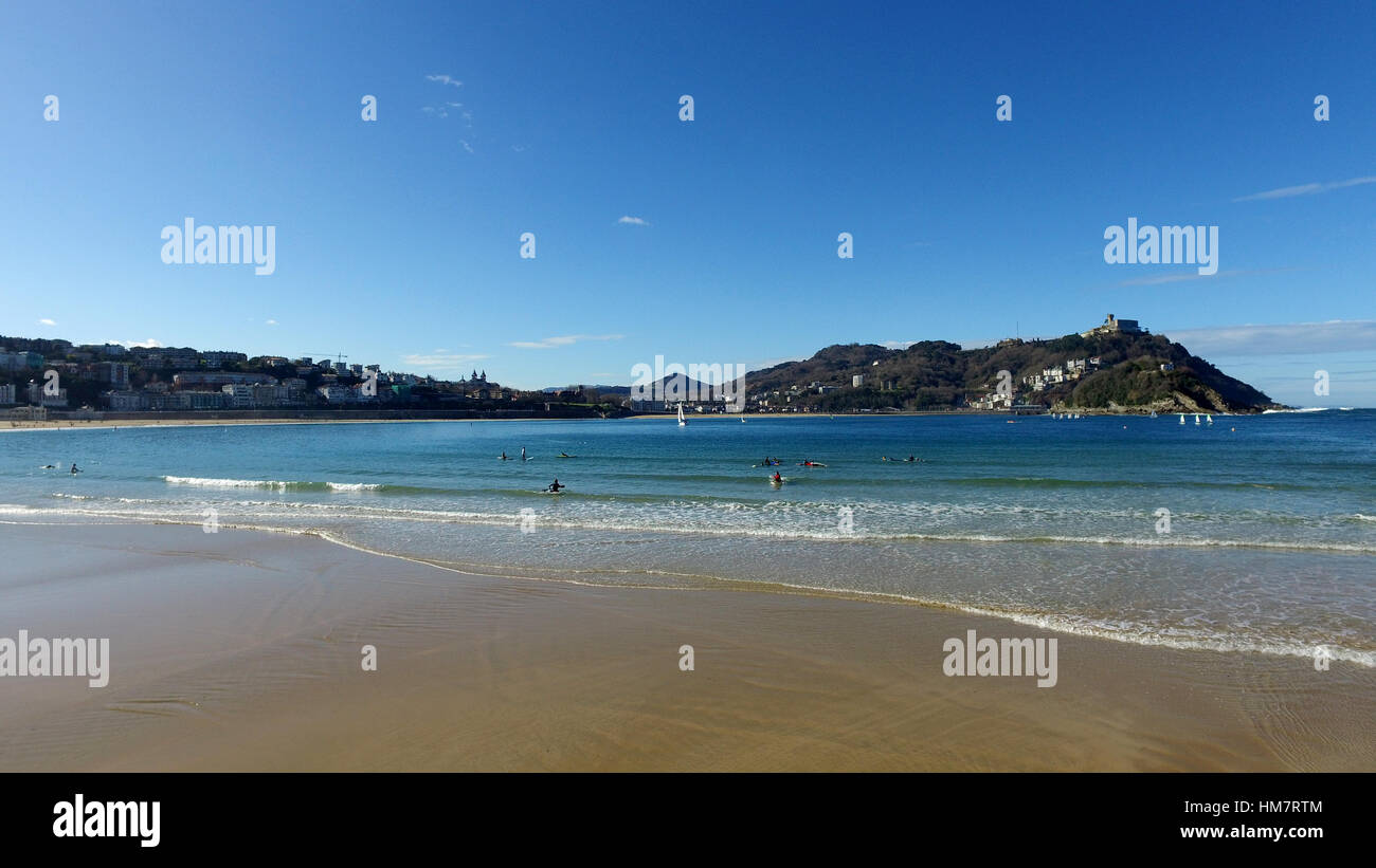Donostia-San Sebastian, Basque Country, City, Spain. The beach of La Concha, panoramic view. 28/01/2017 Stock Photo