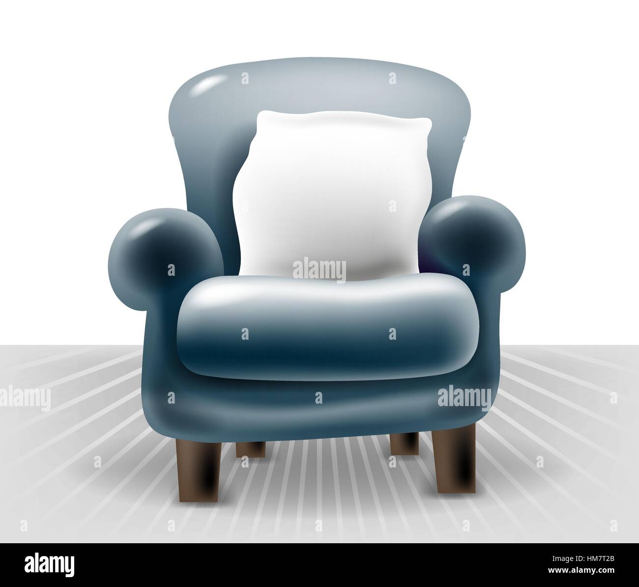 dark blue leather chair with a white pillow in light interior Stock