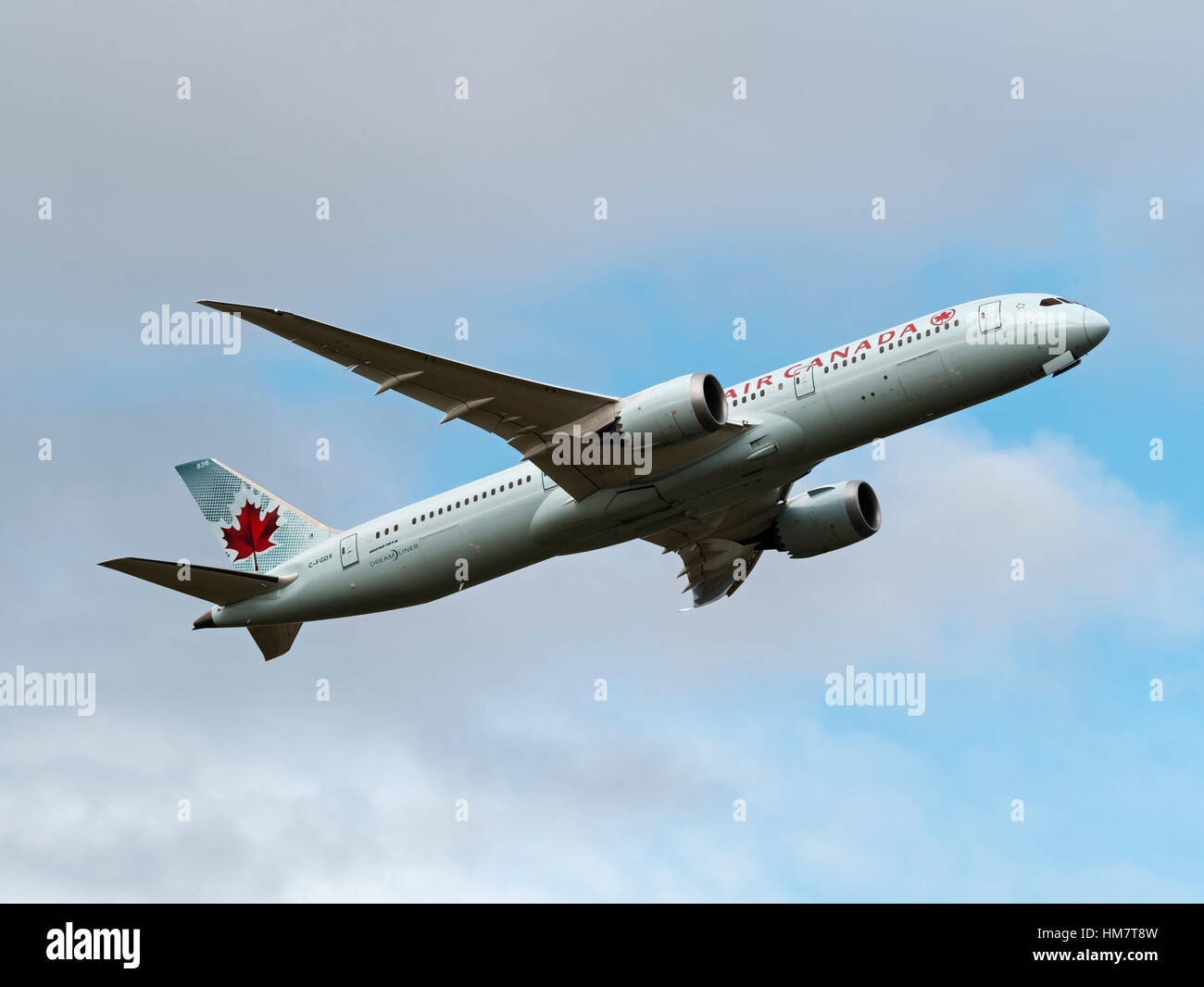 Air Canada plane airplane Boeing 787 (787-9) Dreamliner wide-body jet airliner airborne takes off from Vancouver International Airport Stock Photo