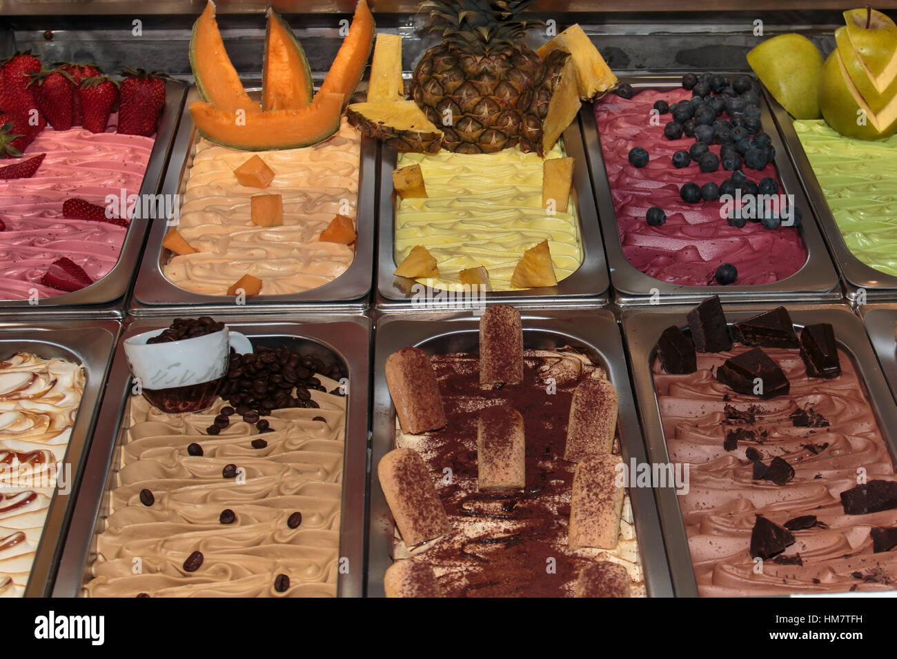 Italian Ice Cream Shop Assortment and Colorful Display of Fruity
