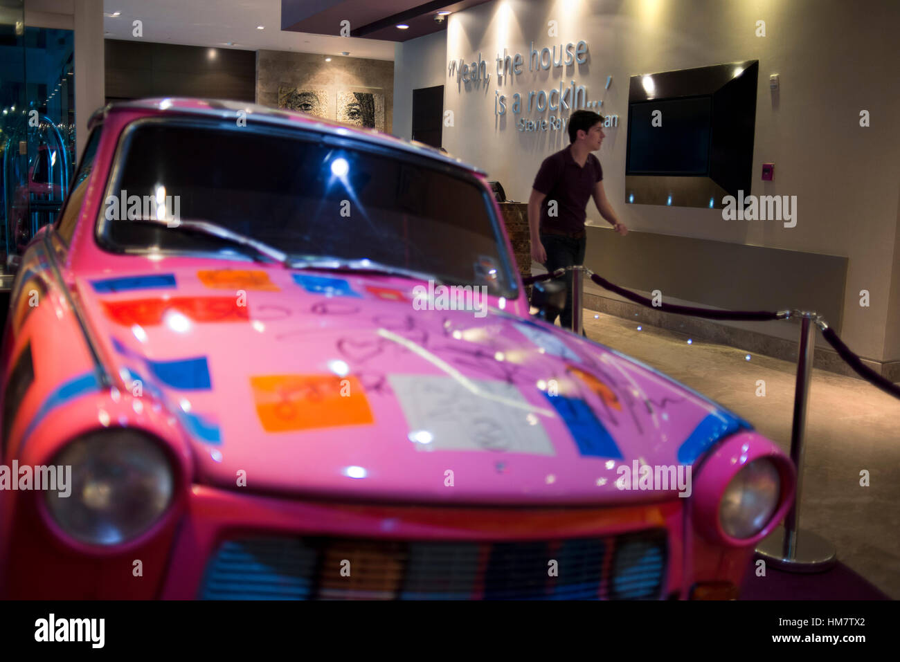 Pink car at lobby of HARD ROCK HOTEL PANAMA MEGAPOLIS. In the heart of Panama rises the new Hard Rock Hotel Panama Megapolis. This spectacular sixty-s Stock Photo
