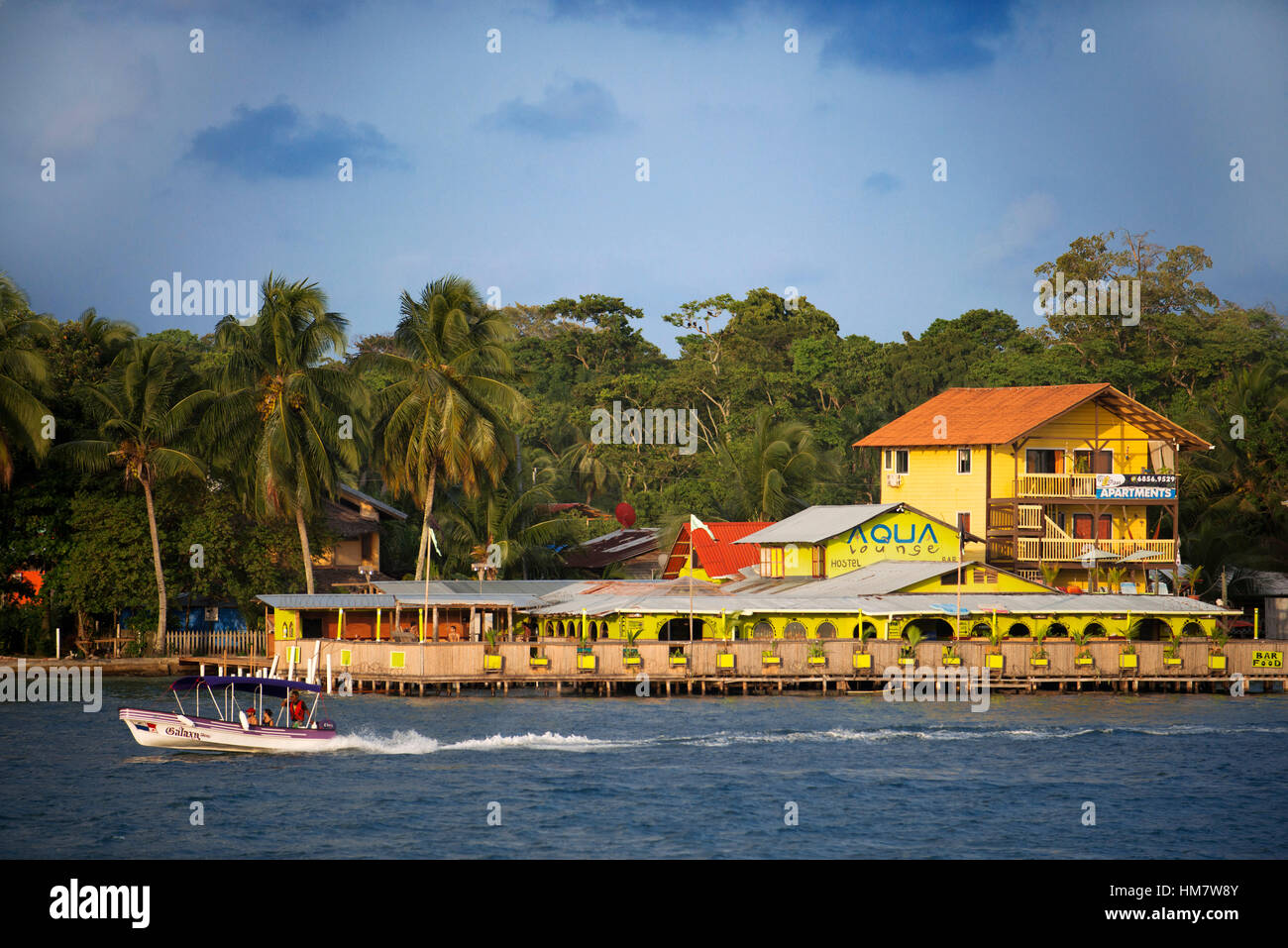 Panama Bocas del Toro iconic view of boats and archipelago. Aqua Lounge Hostel and Bar Isla Carenero. Bocas del Toro is the capital of the Panamanian  Stock Photo