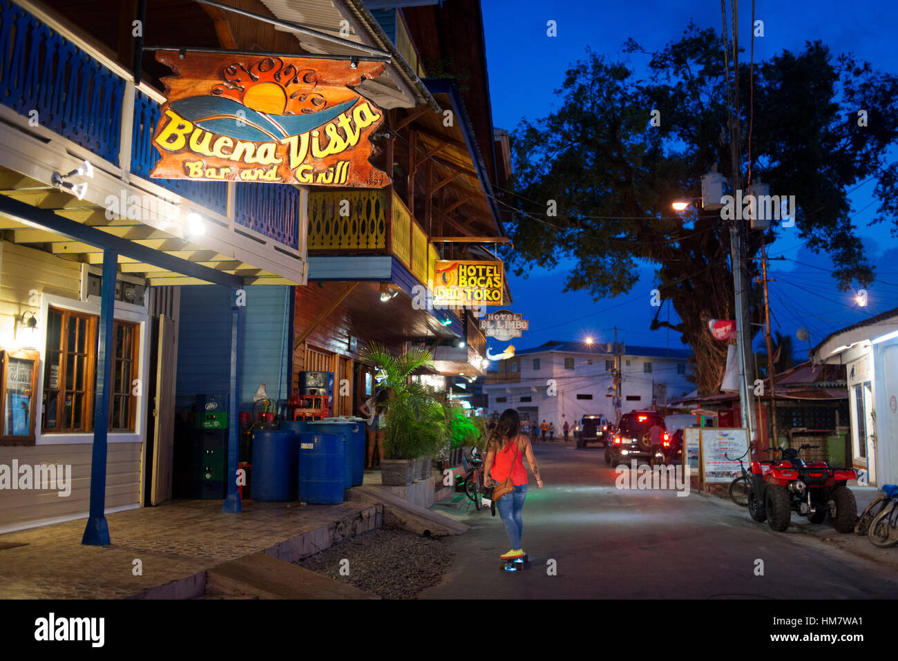 Panama, Bocas del Toro Province, Colon Island (Isla Colon),  main street. Bocas del Toro, Panama by night. Restaurants and hotels.  Buena Vista bar an Stock Photo