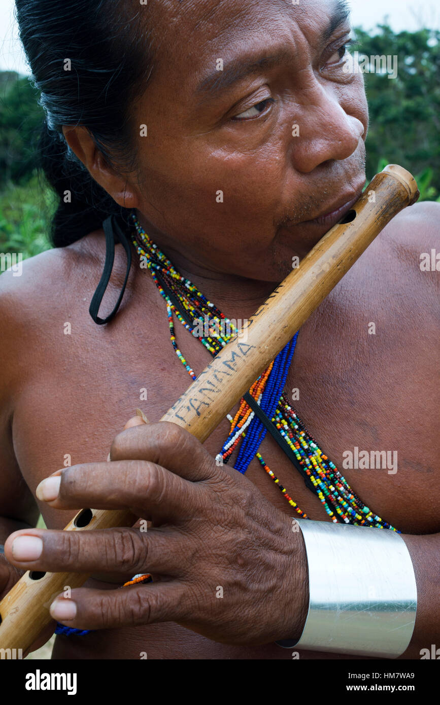 Music and dancing in the village of the Native Indian Embera Tribe, Embera Village, Panama. Panama Embera people Indian Village Indigenous Indio indio Stock Photo