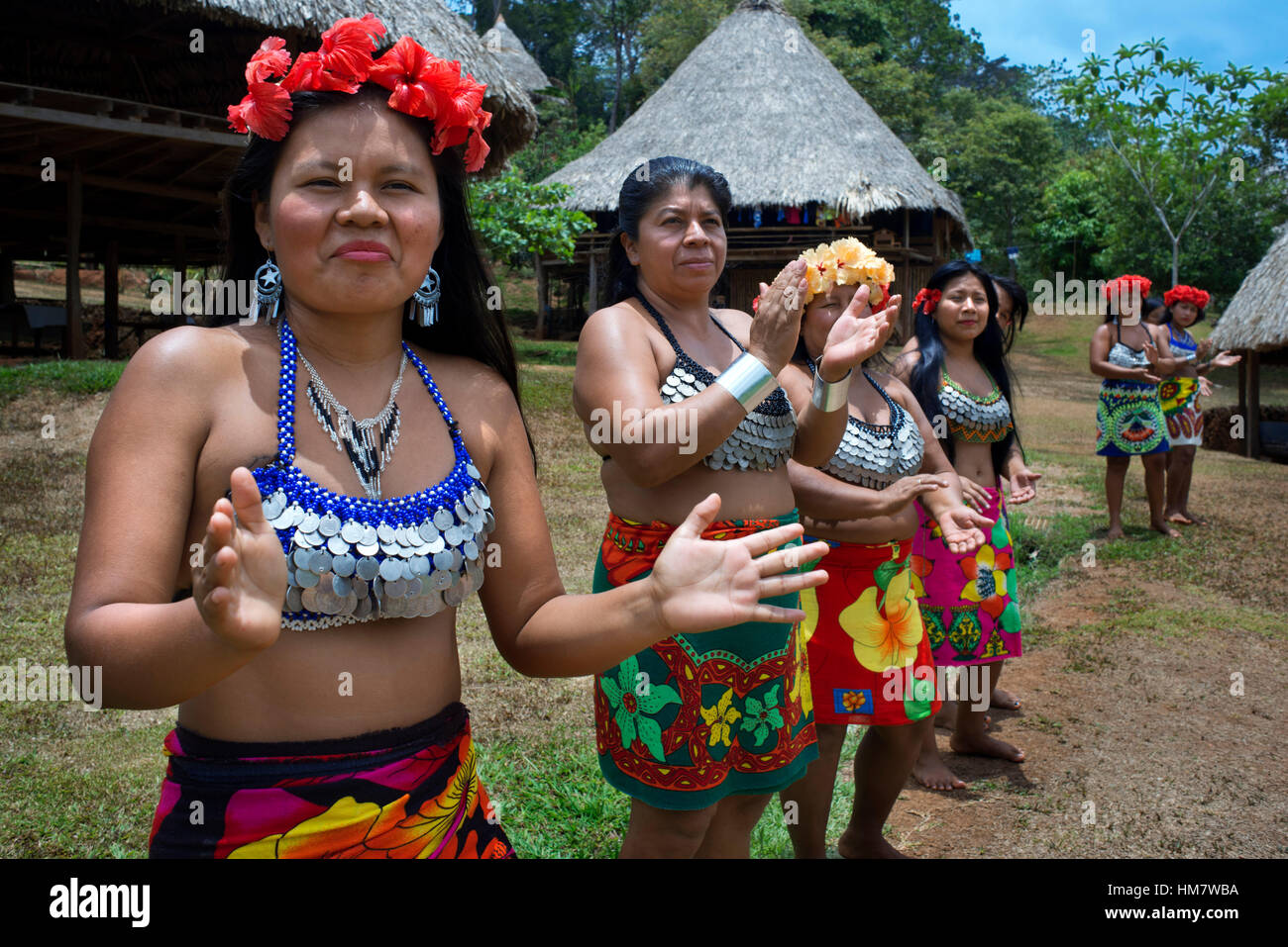 Music and dancing in the village of the Native Indian Embera Tribe, Embera Village, Panama. Panama Embera people Indian Village Indigenous Indio indio Stock Photo