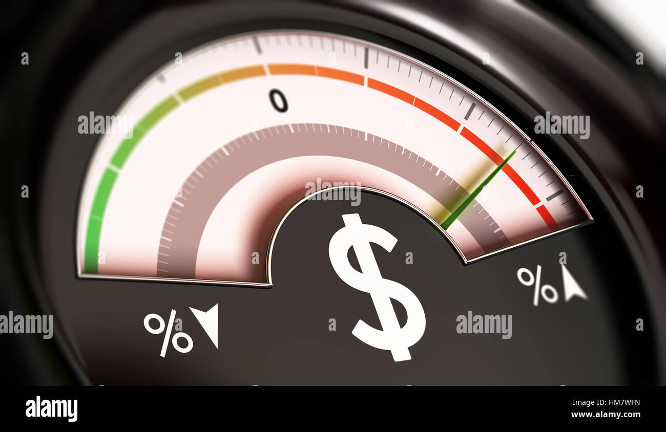 3D illustration of a dial with dollar symbol with needle pointing the red zone. Rise of prices concept, horizontal image. Stock Photo