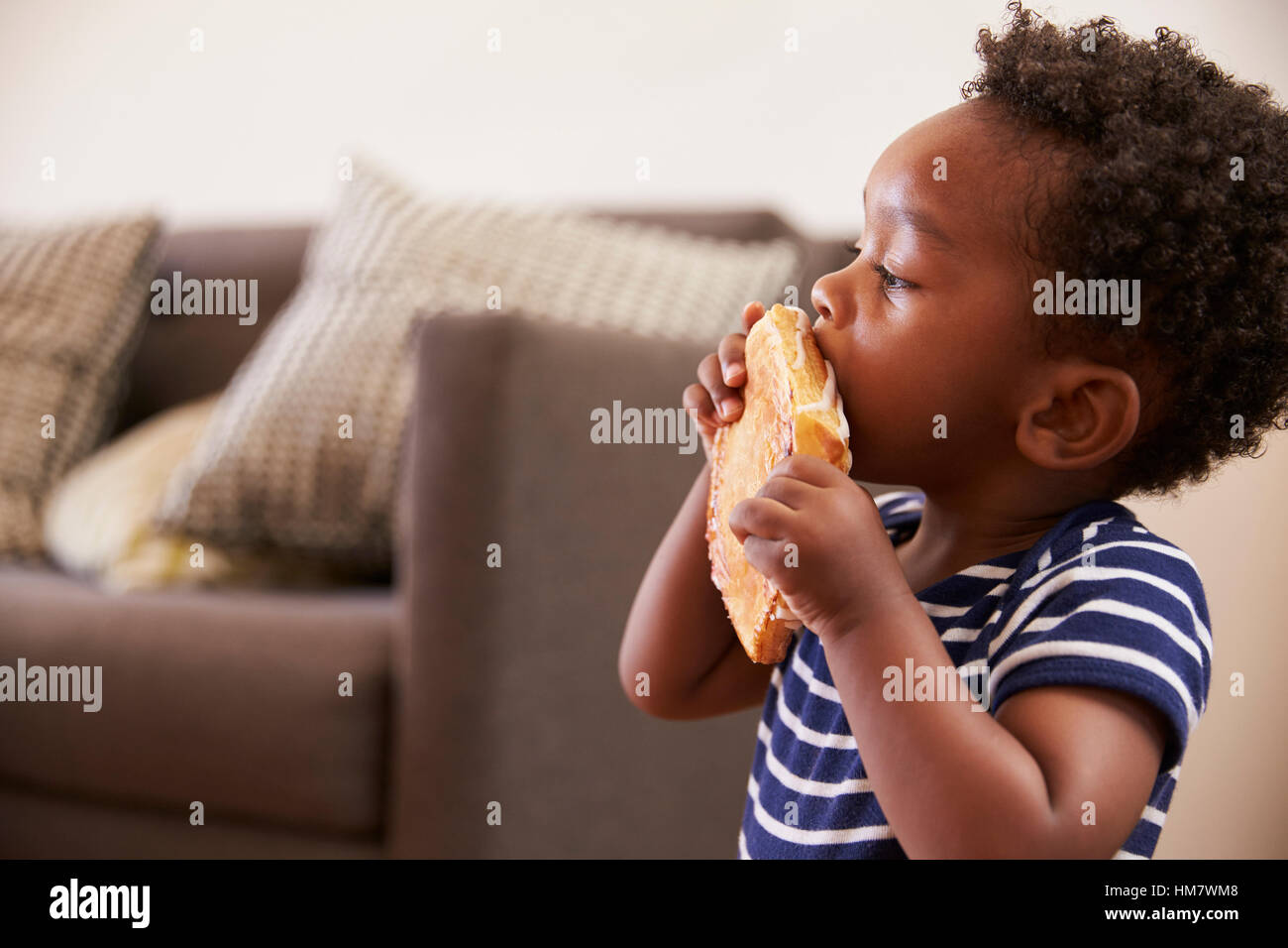 Young Boy Eating Toasted Sandwich At Home Stock Photo Alamy