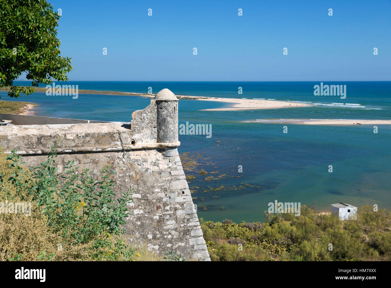 View of fortress and Praia de Cacela Velha beach on barrier island, Cacela Velha, Algarve, Portugal, Europe Stock Photo