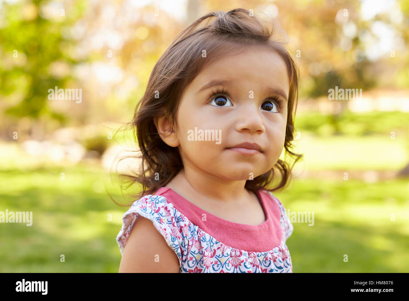 Mixed race Caucasian Asian toddler girl in a park, portrait Stock Photo