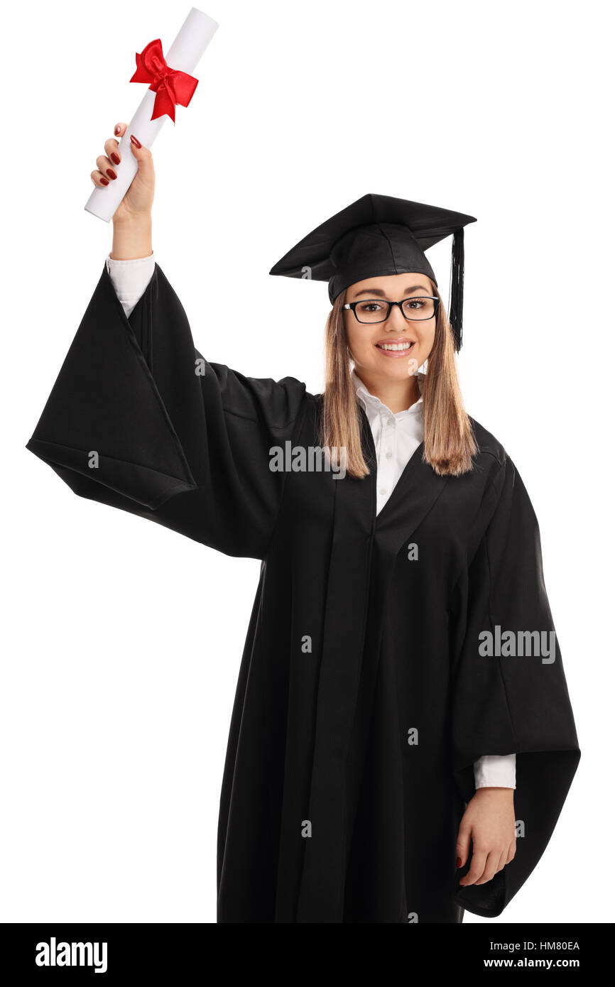 Joyful graduate student holding a diploma in the air isolated on white ...