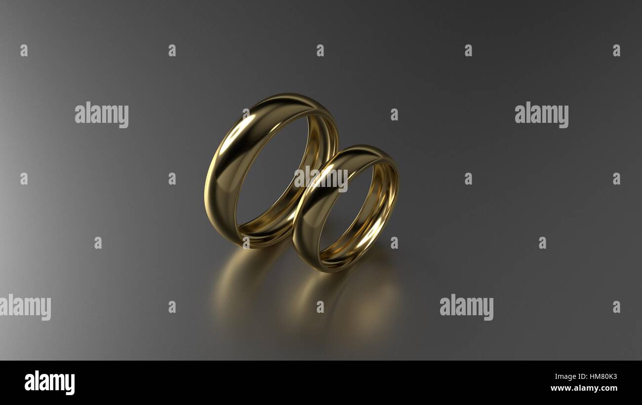 The beauty gold wedding rings on black background. 3D illustration