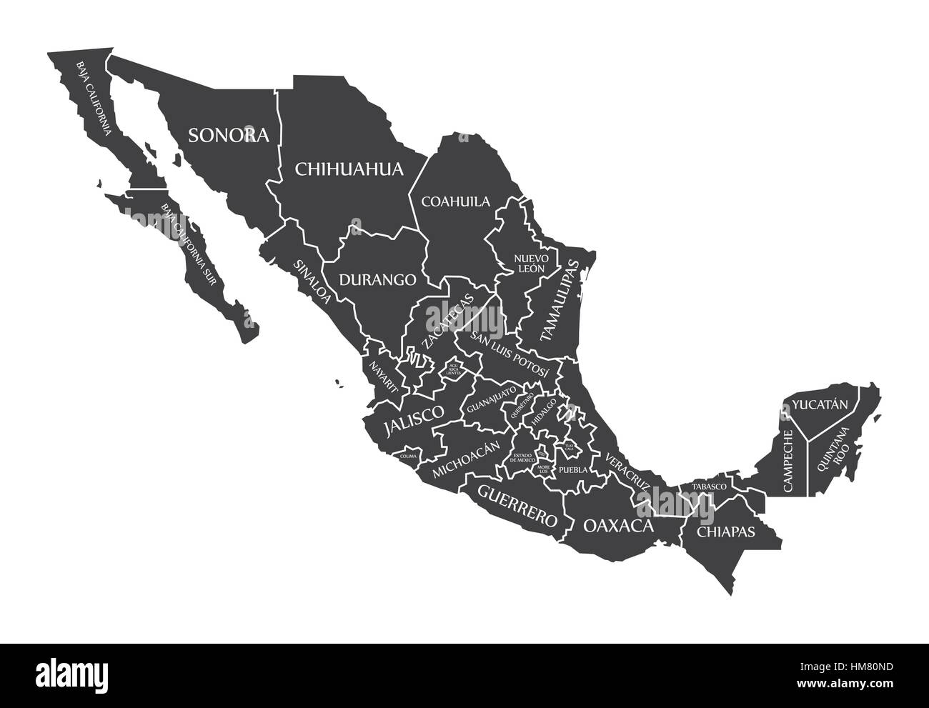 Mexico map with labels black Stock Vector