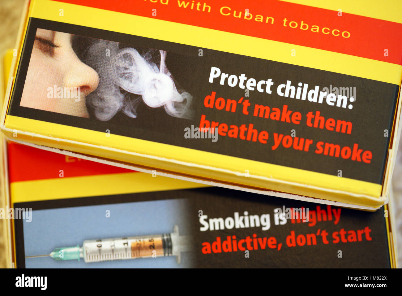 Health warnings on a packets of Villiger cigars Stock Photo