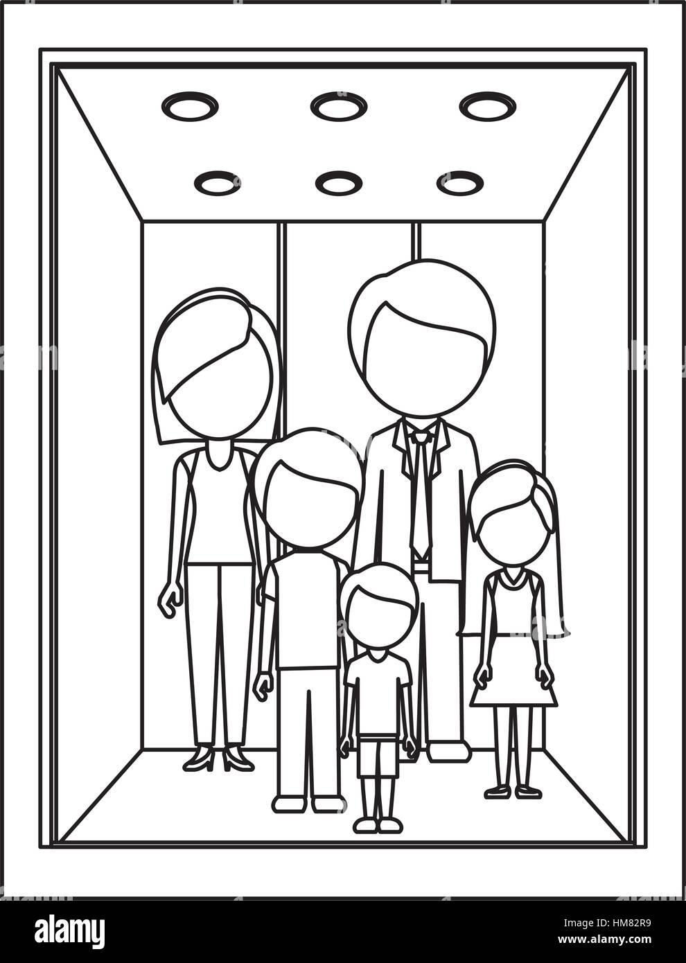 monochrome contour with family in elevator vector illustration Stock Vector