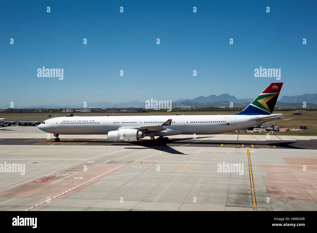 Cape Town International Airport South Africa,A South African Airways A340-600 passenger jet taxi-ing Stock Photo