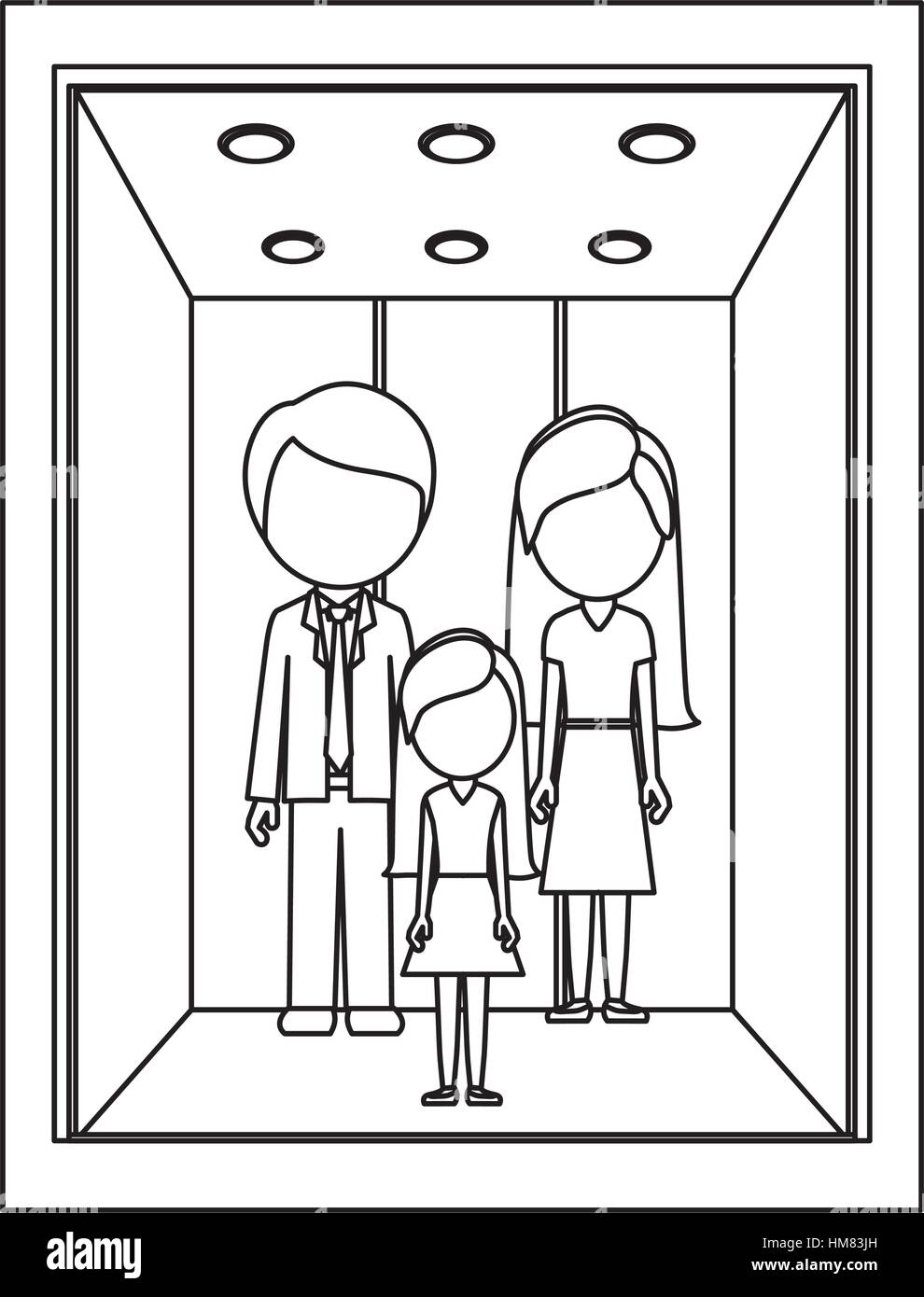 monochrome contour with open building elevator with people inside vector illustration Stock Vector