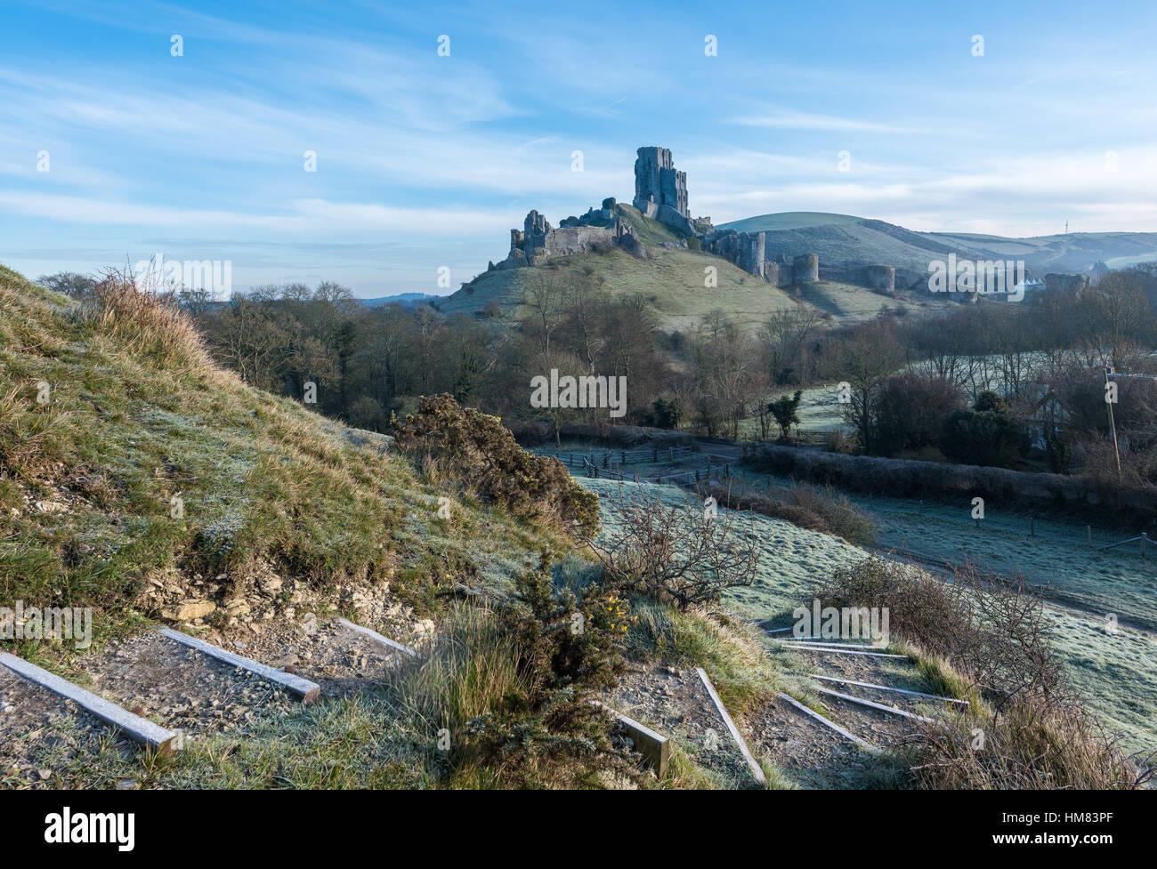 Corfe Castle on a frosty winter's morning Stock Photo