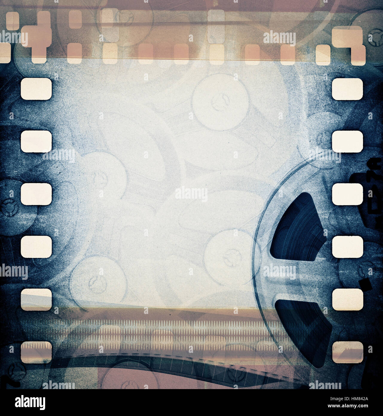 Old motion picture film reel with tape Stock Photo