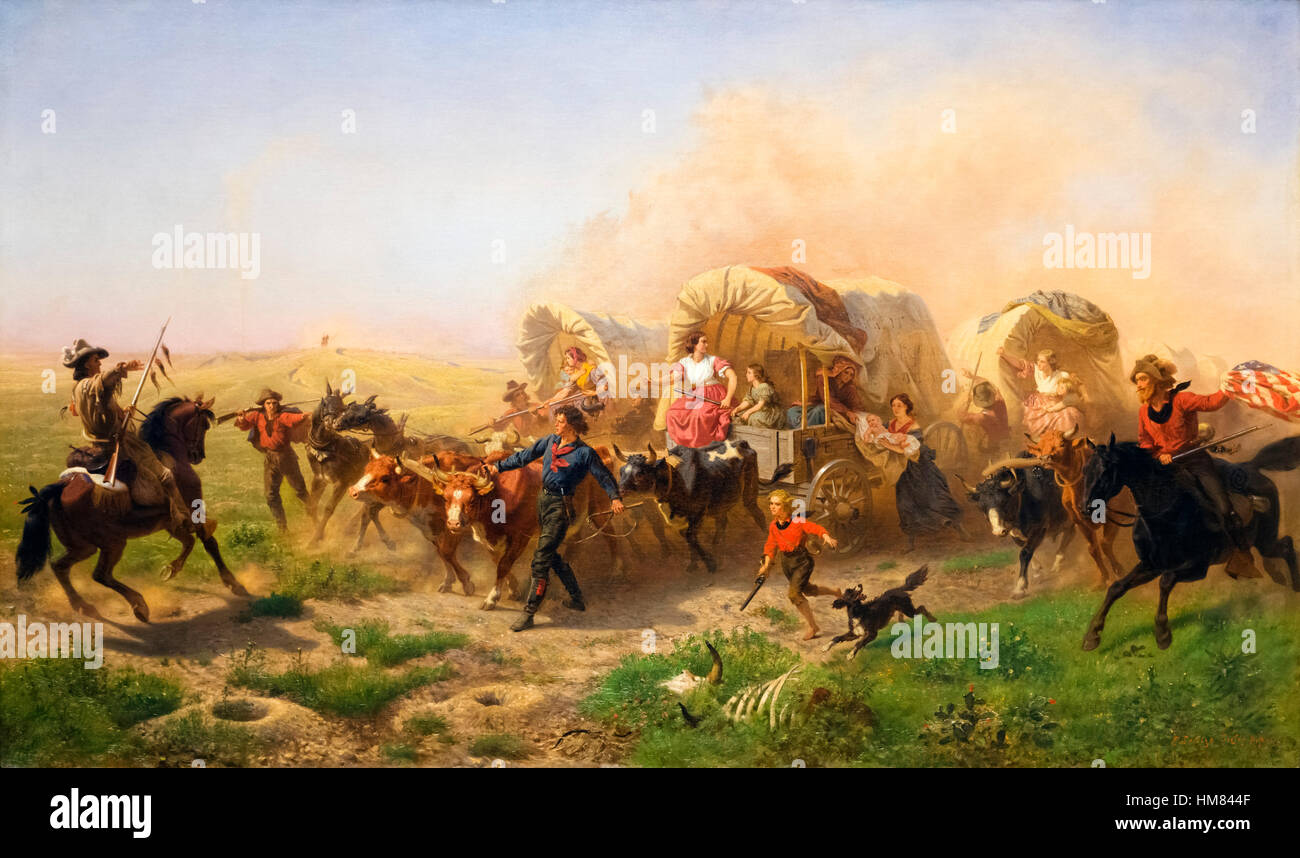 Indians Attacking a Wagon Train by Emanuel Leutze, oil on canvas, 1863. The painting shows American pioneers in the Wild West about to be attacked by Indians, possibly on the Oregon Trail. Stock Photo