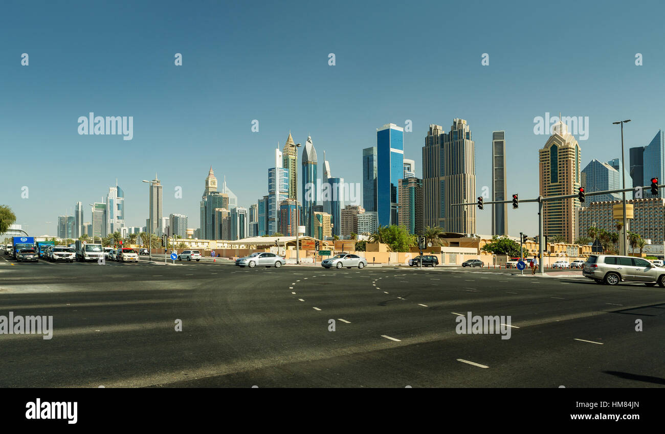 DUBAI - NOVEMBER 08, 2016: LUMAS Dubai City Walk. New modern part of Dubai City. City Walk is reminiscent of European-style streets. Panoramic view on Stock Photo