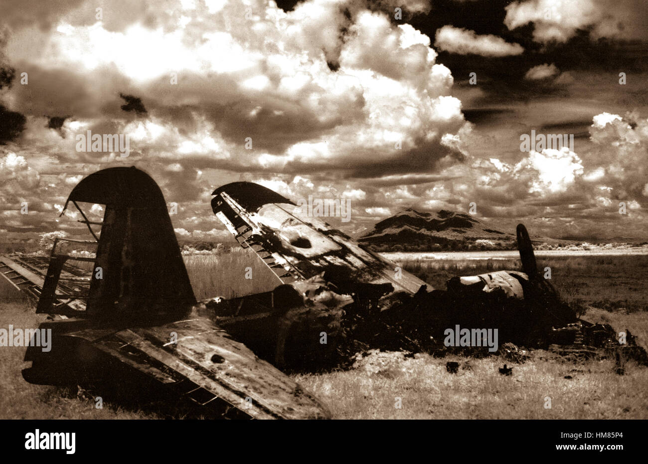 Infra red view of wrecked Jap plane near Angeles, Pampanga, on Luzon, P.I.  In the background is Mt. Arayat, some 10 to 15 miles away.  May 29, 1945.  S.Sgt. Harry Young.  (Army) NARA FILE #:  111-SC-209733 WAR & CONFLICT BOOK #:  1319 Stock Photo