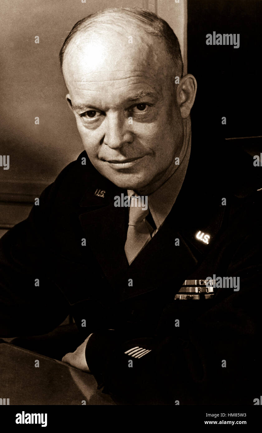 General Dwight D. Eisenhower, Supreme Allied Commander, at his headquarters in the European theather of operations.  He wears the five-star cluster of the newly-created rank of General of the Army.  February 1, 1945.  T4c. Messerlin. (Army) NARA FILE #:  080-G-331330 WAR & CONFLICT BOOK #:  745 Stock Photo