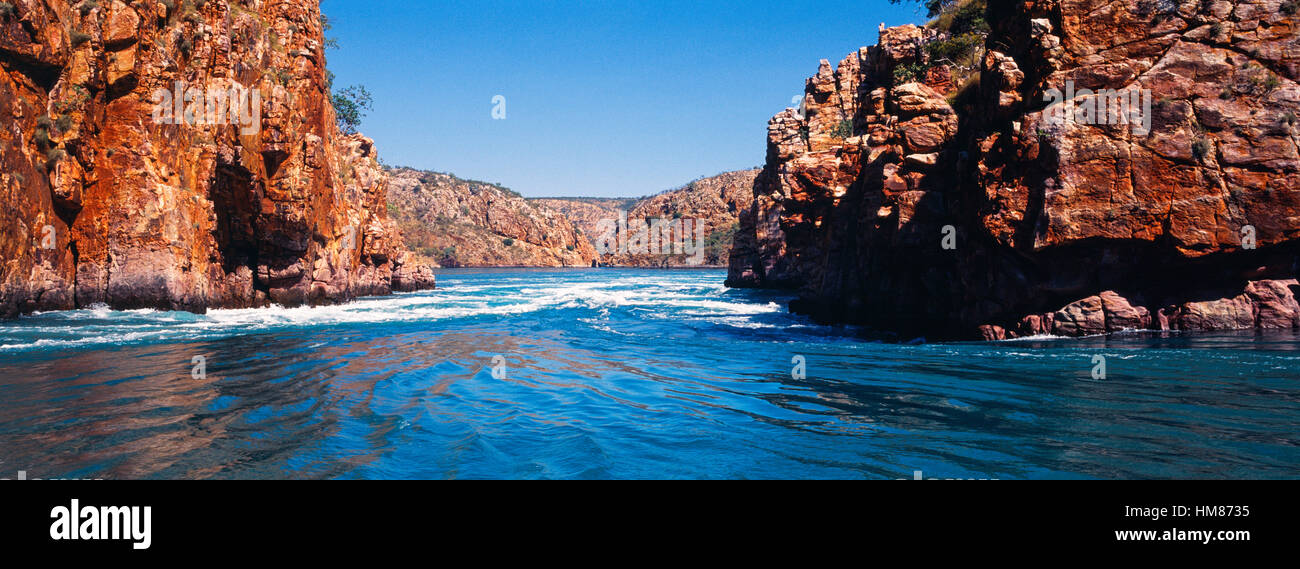 As the tides rises and falls horizontal waterfalls form between gorges in the Kimberley. Stock Photo