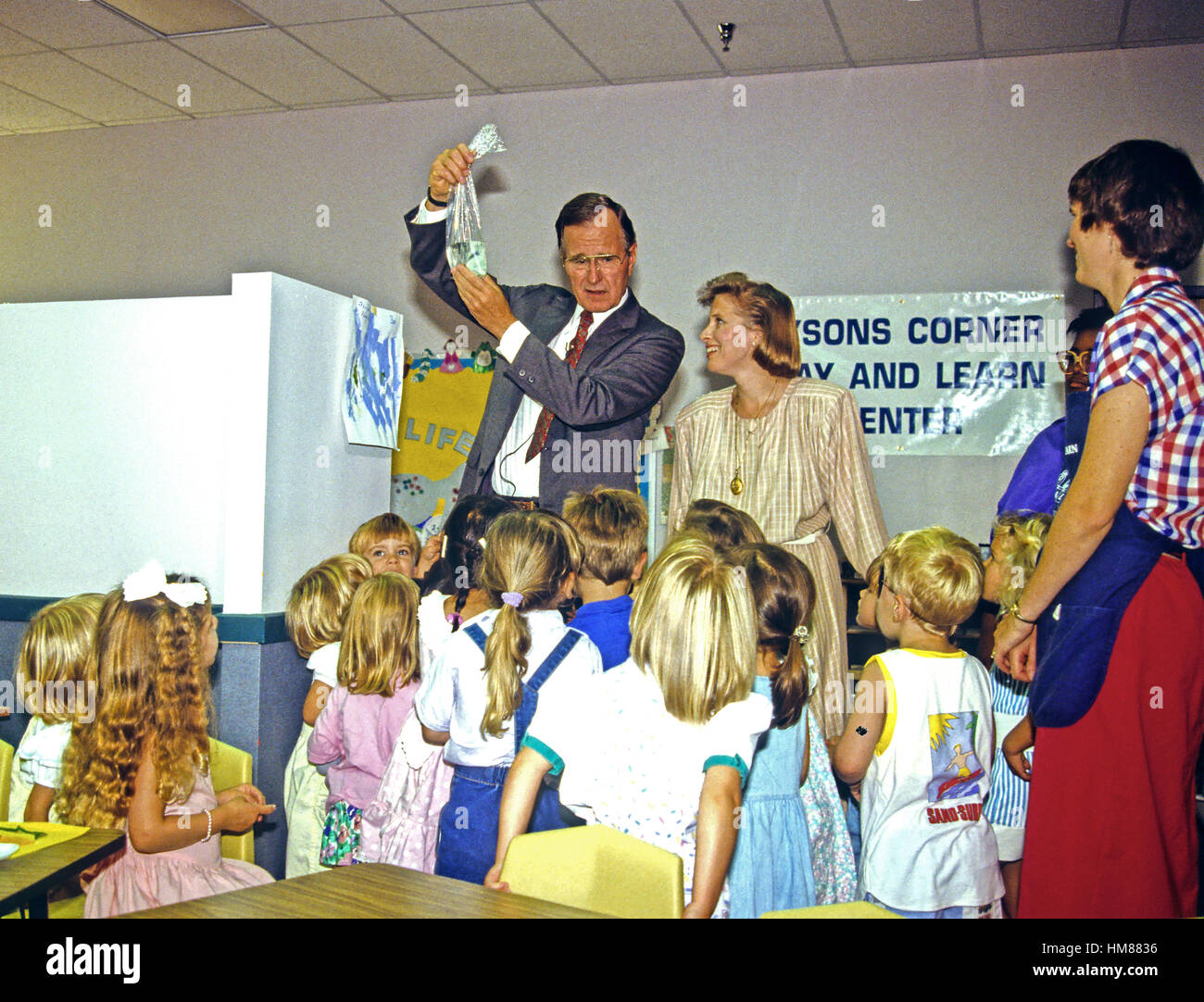 United States Vice President George H.W. Bush visits a day care center in Tysons Corner, Virginia on July 29, 1988. Stock Photo