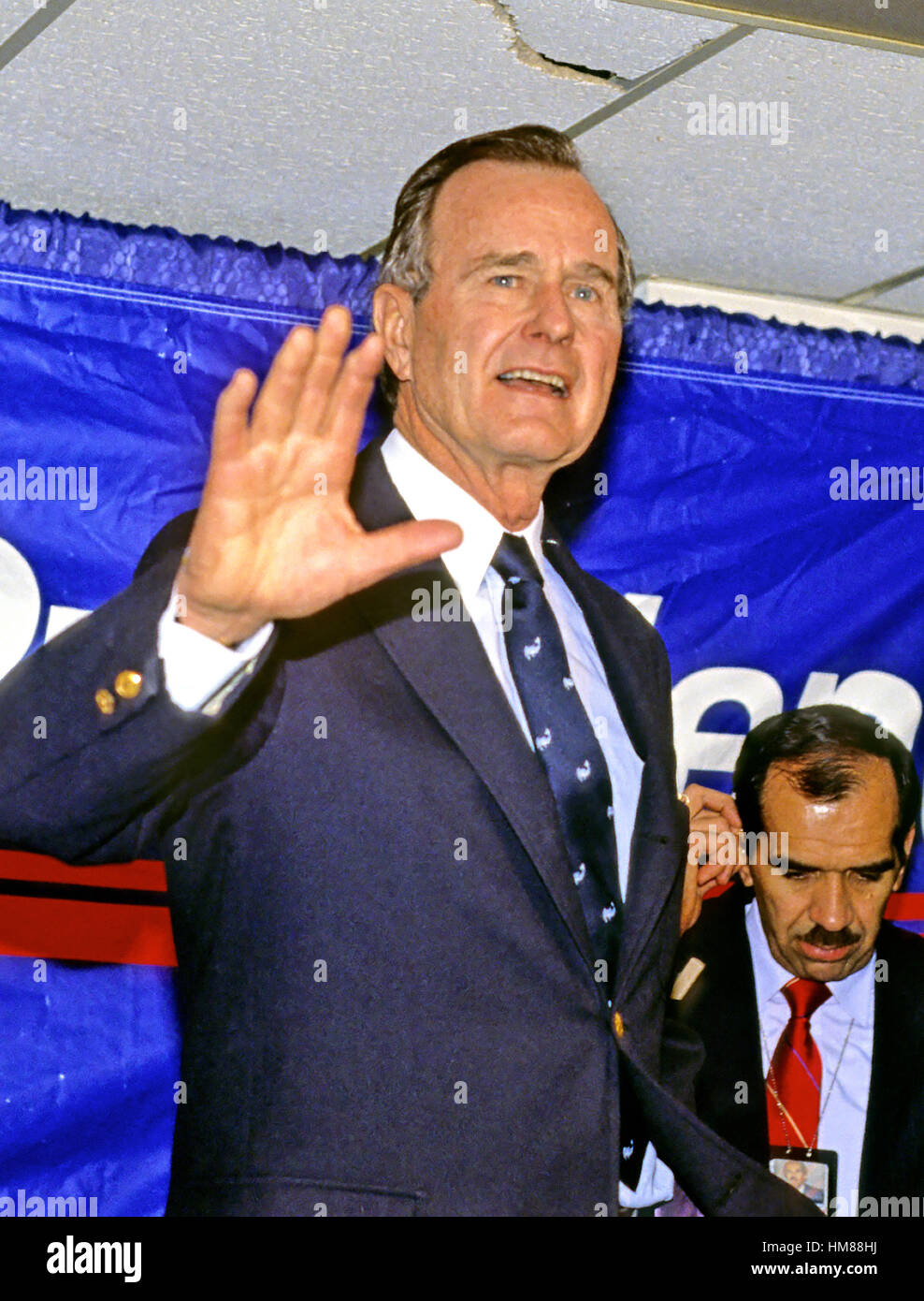 United States Vice President George H.W. Bush congratulates his campaign headquarters staff in Washington, D.C. following their victory in the New Hampshire Primary on February 17, 1988. Bush campaign manager Lee Atwater looks on from the far right of the Stock Photo