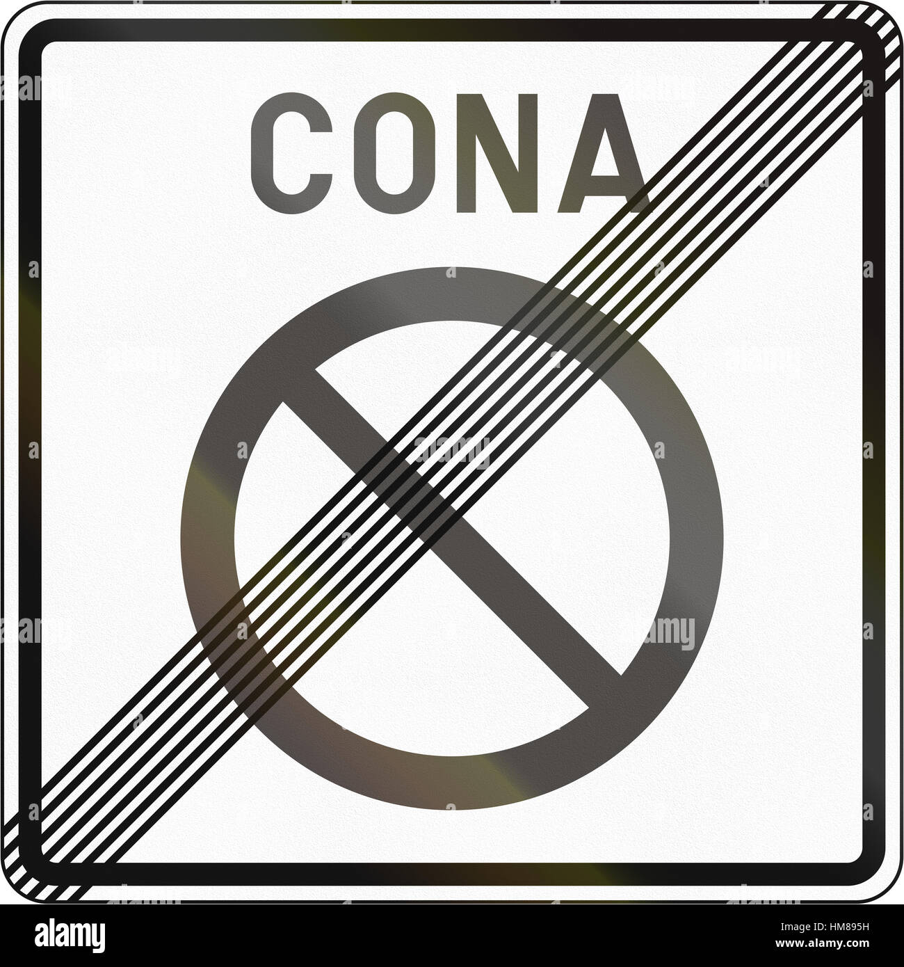 Slovenian road sign - End No parking zone. Cona means zone. Stock Photo