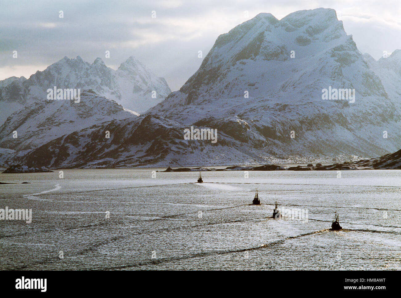 Fishing boats in Ramberg, Flakstadoy island, Lofoten islands, Nordland, Norway. Stock Photo