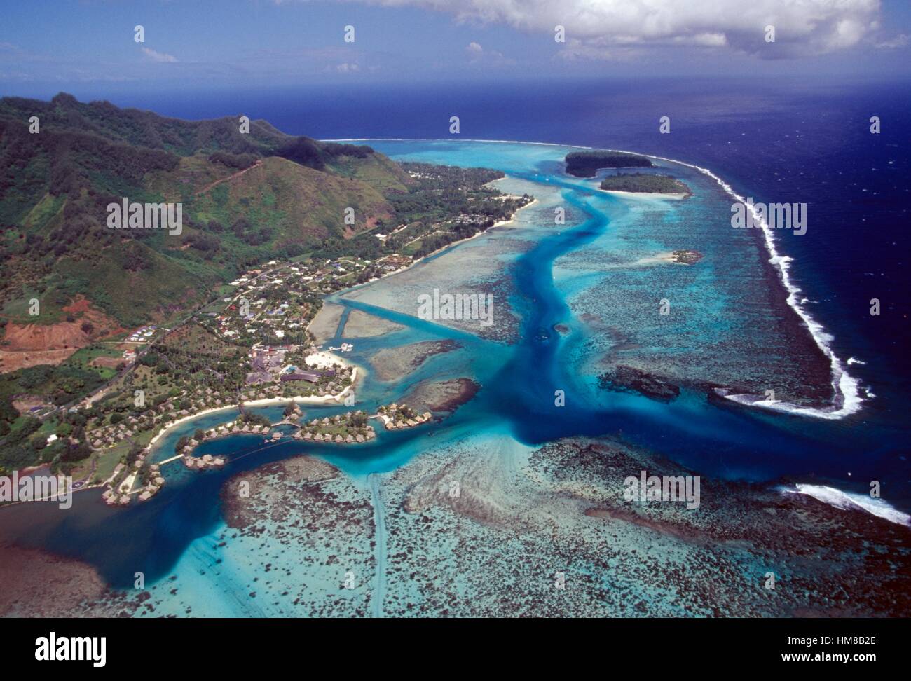 Passe Taotai, Mo'orea, aerial view, Society islands, French Polynesia. Stock Photo