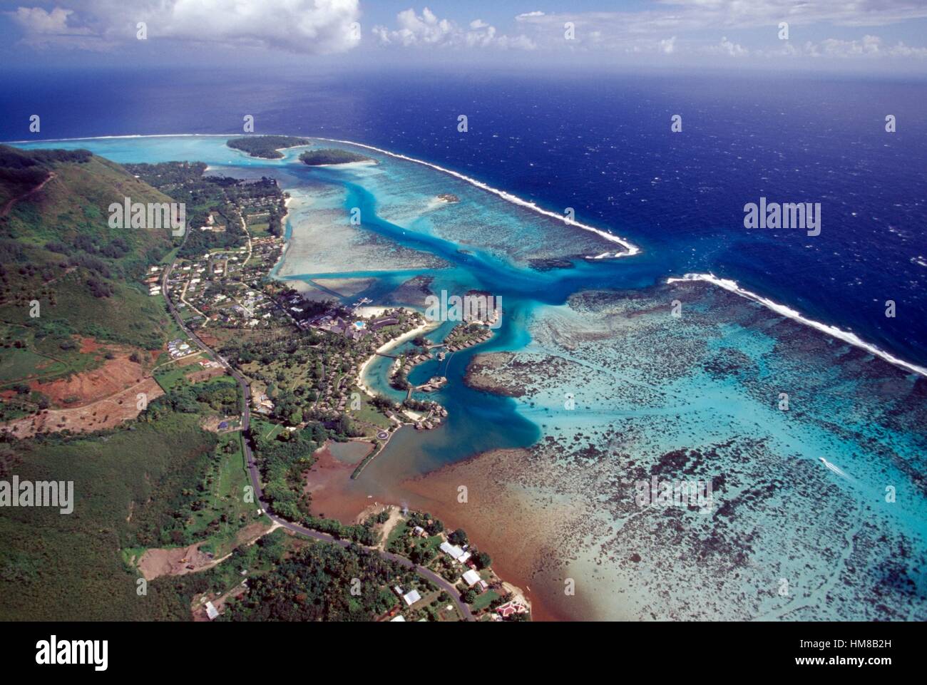 Passe Taotai, Mo'orea, aerial view, Society islands, French Polynesia. Stock Photo