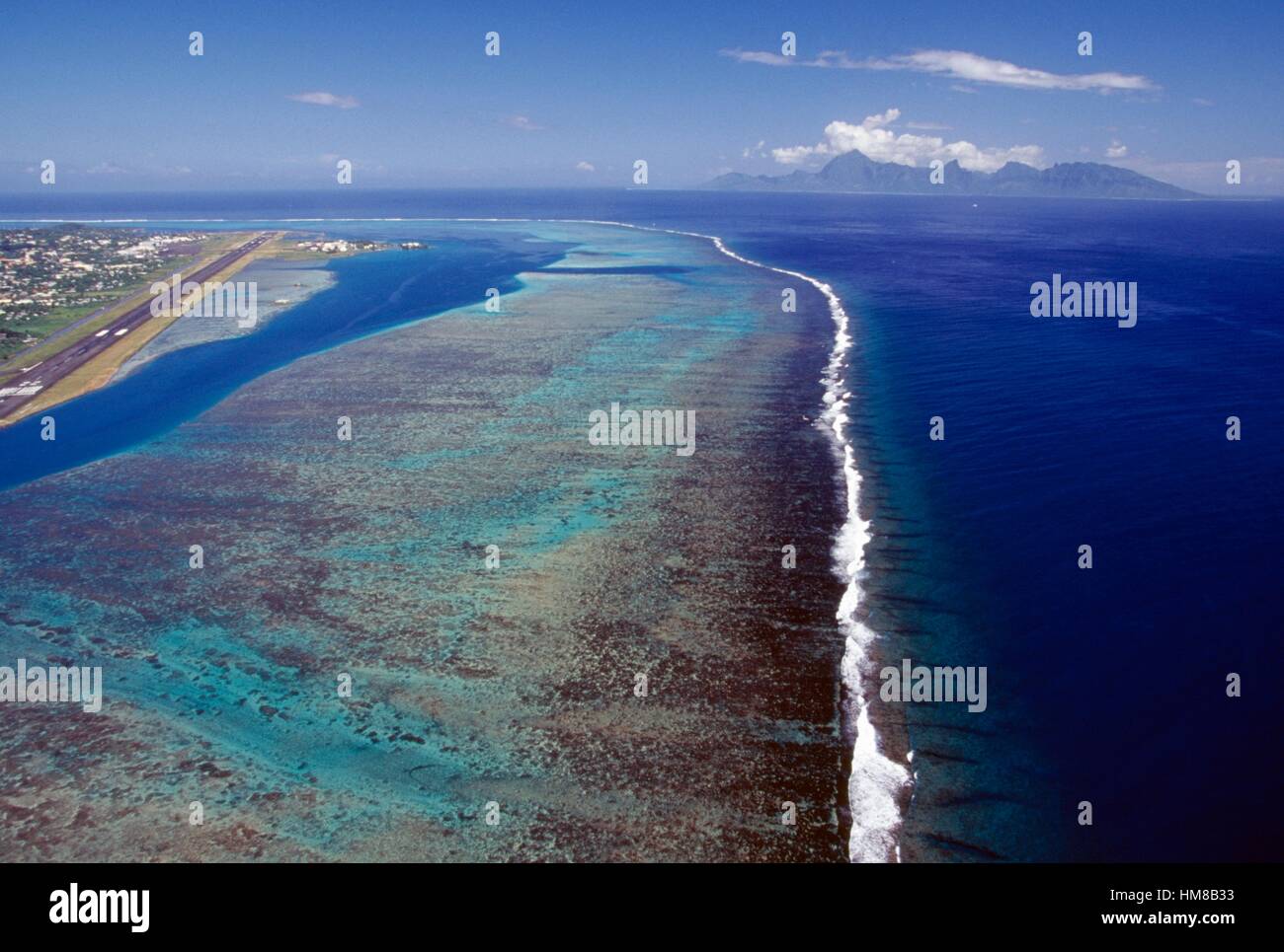 Tahiti with Mo'orea in the background, aerial view, Society islands ...