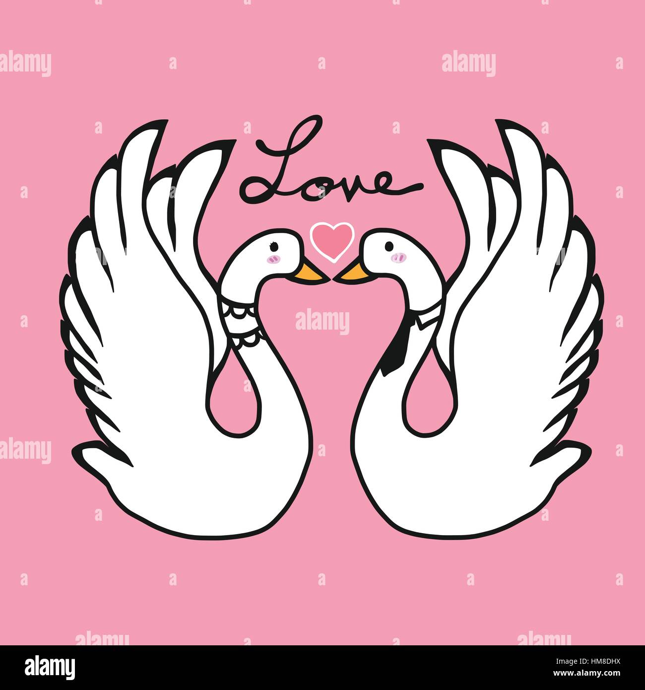 Couple swans lover kissing cartoon illustration Stock Vector