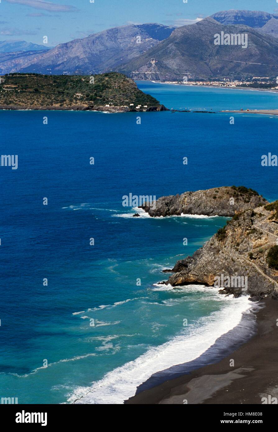 Coast near San Nicola Arcella, with Dino island on the left and the Praia a Mare gulf in the background, Calabria, Italy. Stock Photo