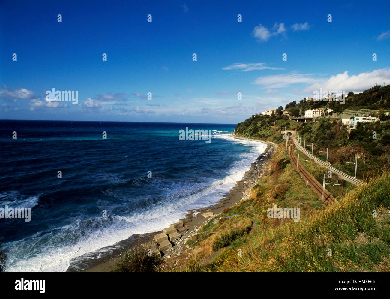 Coast and railway line in Marina di Fuscaldo, Calabria, Italy. Stock Photo