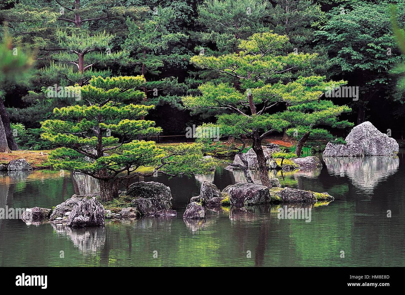 Body of water in the garden around the Golden pavilion, Kinkaku-Ji temple gardens, Tokyo, Japan, 14th century. Stock Photo