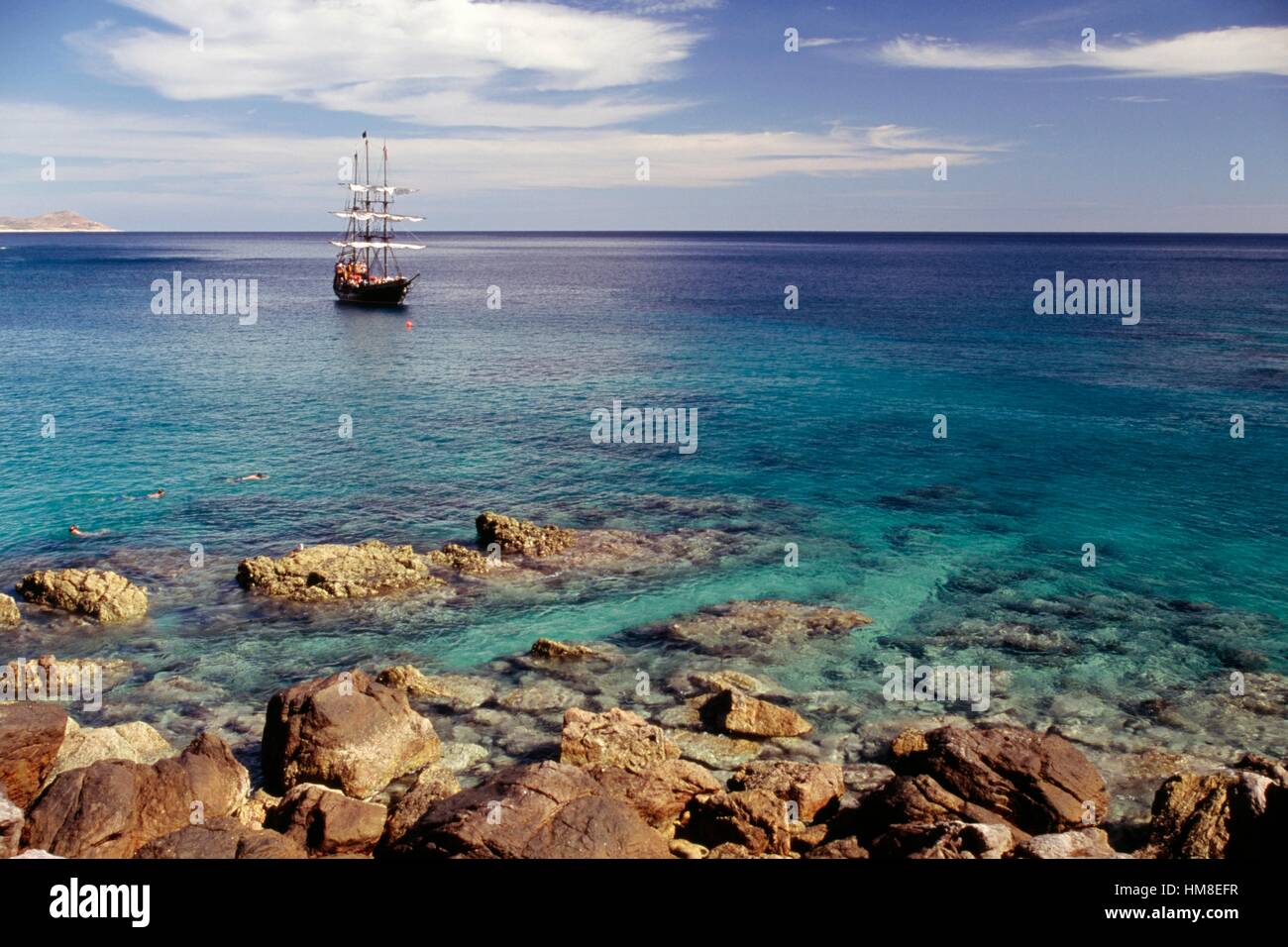 Sailing vessel in the sea between Cabo San Lucas and San Jose del Cabo, area known as Los Cabos, Baja California Sur, Mexico. Stock Photo