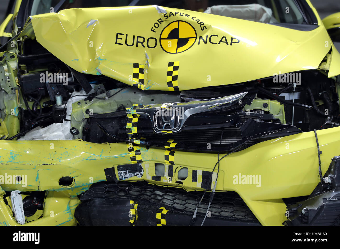 A Honda Jazz after being crash tested at Thatcham Research in Berskshire, to mark 20 Years of the official crash test facility Stock Photo