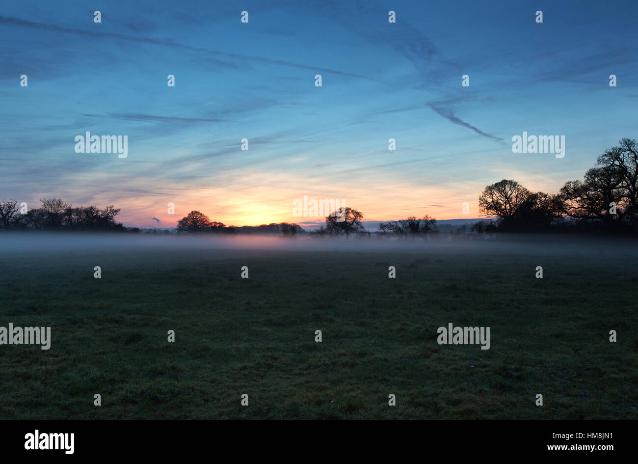 Village of Coddington, England. Picturesque sunset view of mist over a farm field in rural Cheshire. Stock Photo