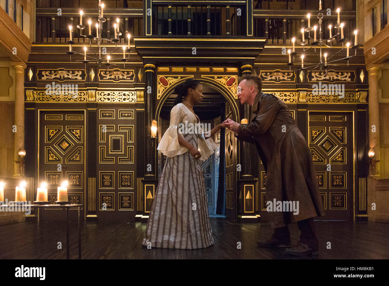 London, UK. 31 January 2017. Mercy Ojelade (Isabella), Jamie Ballard (Brachiano). The White Devil written by John Webster and directed by Annie Ryan opens at The Sam Wanamaker Playhouse for a run until 16 April 2017. Stock Photo
