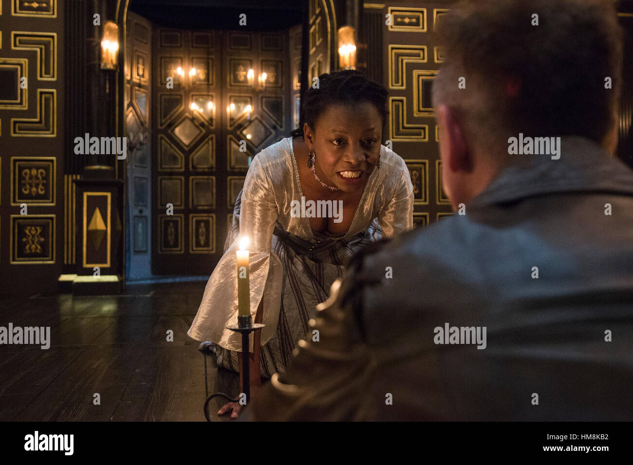 London, UK. 31 January 2017. Mercy Ojelade (Isabella), Jamie Ballard (Brachiano). The White Devil written by John Webster and directed by Annie Ryan opens at The Sam Wanamaker Playhouse for a run until 16 April 2017. Stock Photo