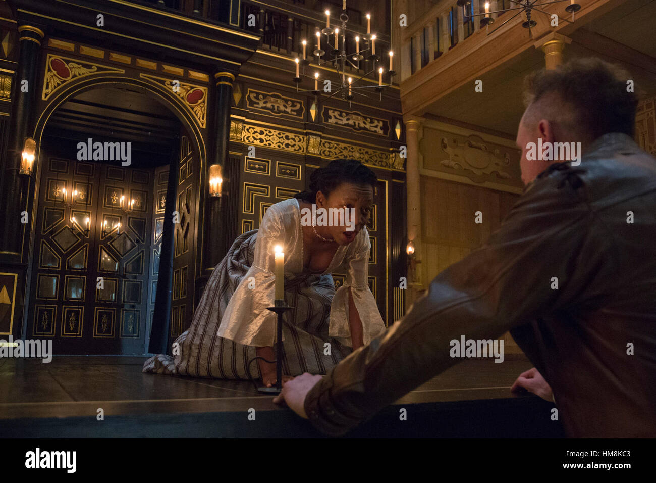 London, UK. 31 January 2017. Mercy Ojelade (Isabella), Jamie Ballard (Brachiano). The White Devil written by John Webster and directed by Annie Ryan opens at The Sam Wanamaker Playhouse for a run until 16 April 2017. Stock Photo