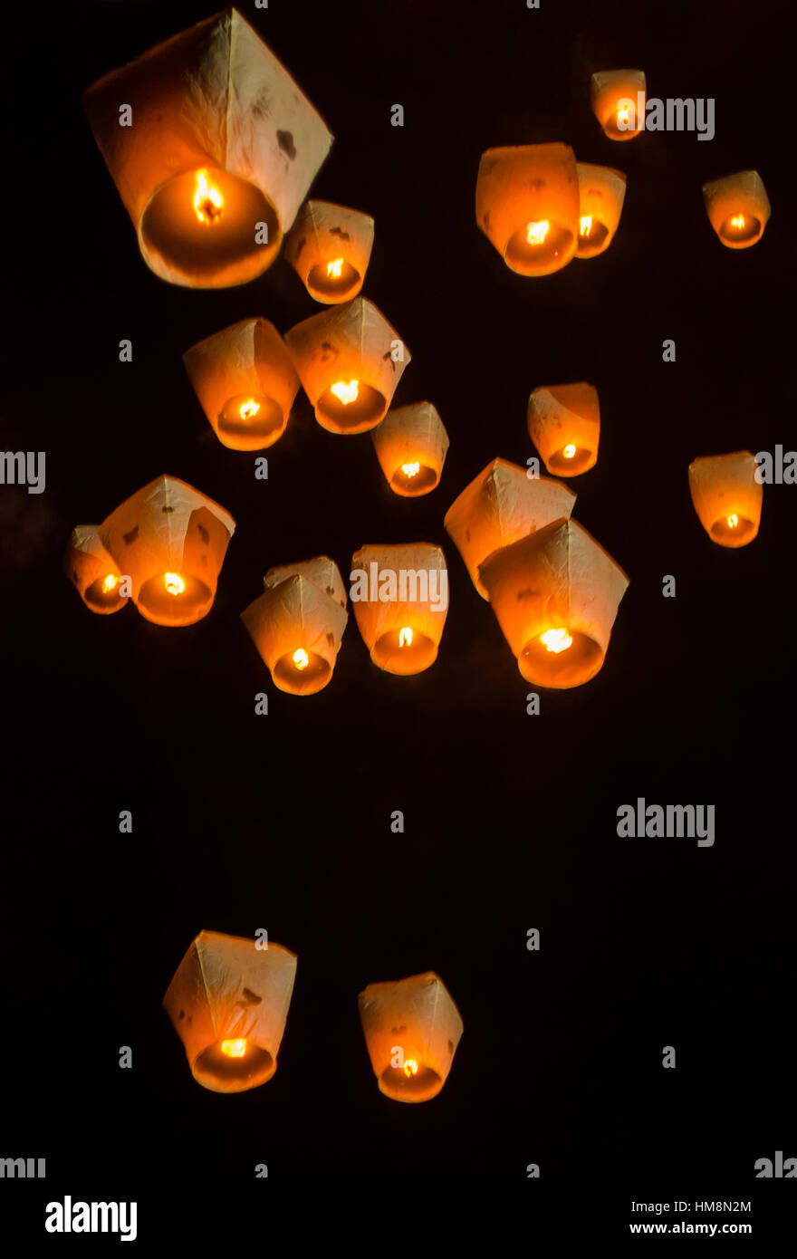 Many lanterns floating in the sky during the Pinxi Lantern Festival, Taiwan. Stock Photo