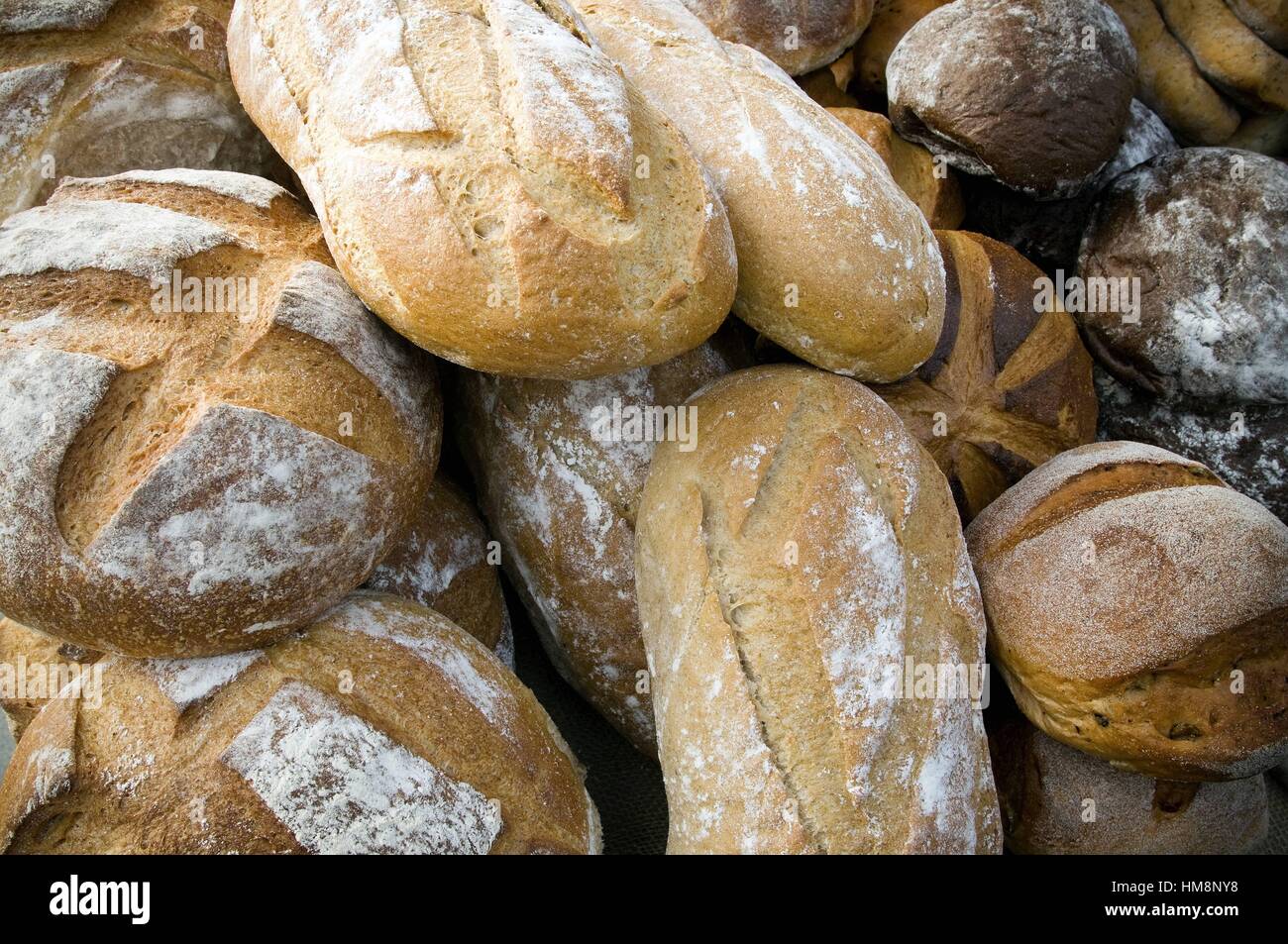 different types of bread in a bakery. Chapatas, Wholemeal bread, Organic, Seeded, Granary bread
